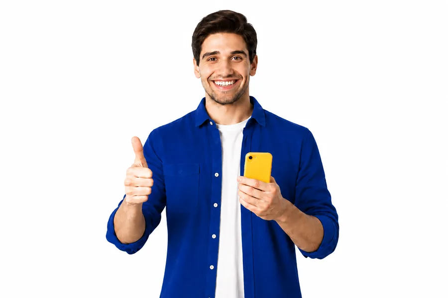 Empréstimo Online com Taxa Reduzida - Rosecash Homem jovem sorrindo simulando empréstimo online com taxa reduzida na Rosecash